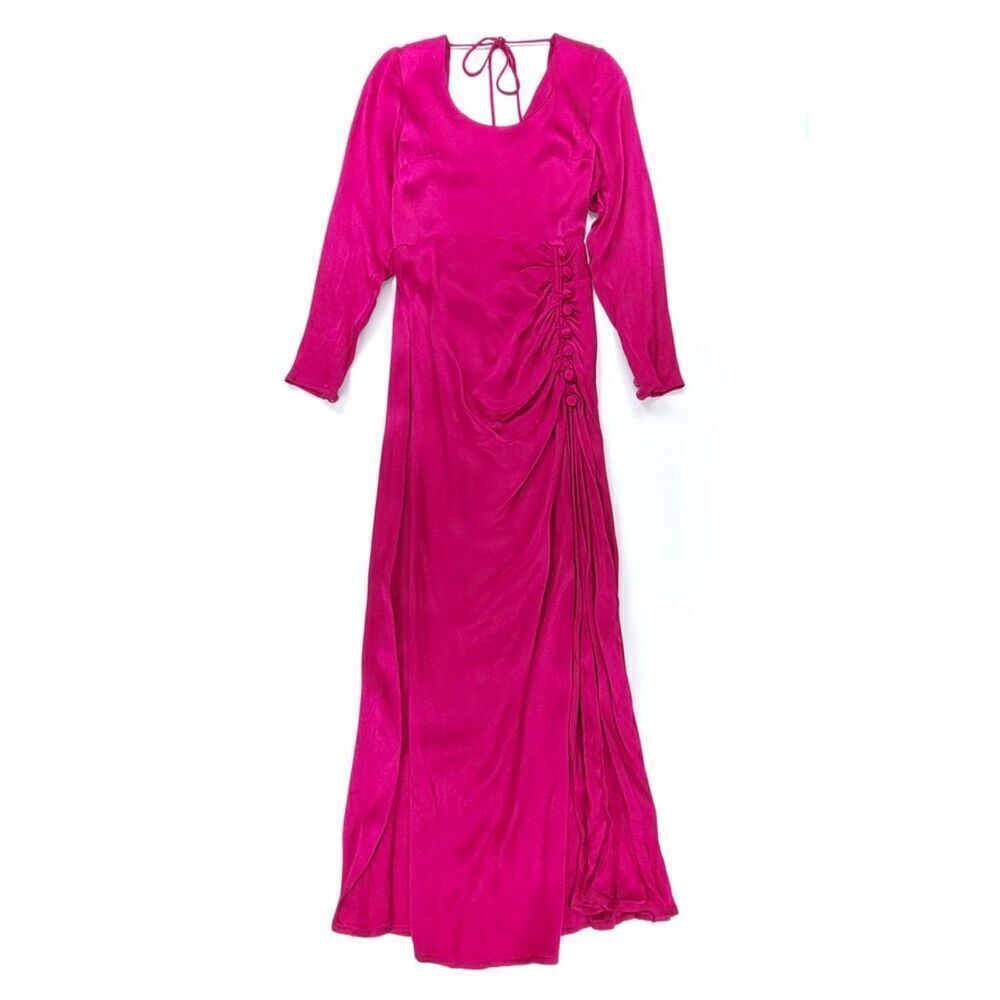 THE LINE BY K Elio Dress Vintage Long Sleeve Midi Magenta Fuchsia Pink Satin XS